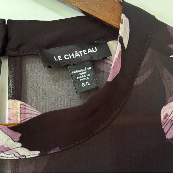 Le Chateau| Black & Lavender Floral Ruffled Semi-Sheer Long Sleeve Blouse Sz L - Picture 4 of 5